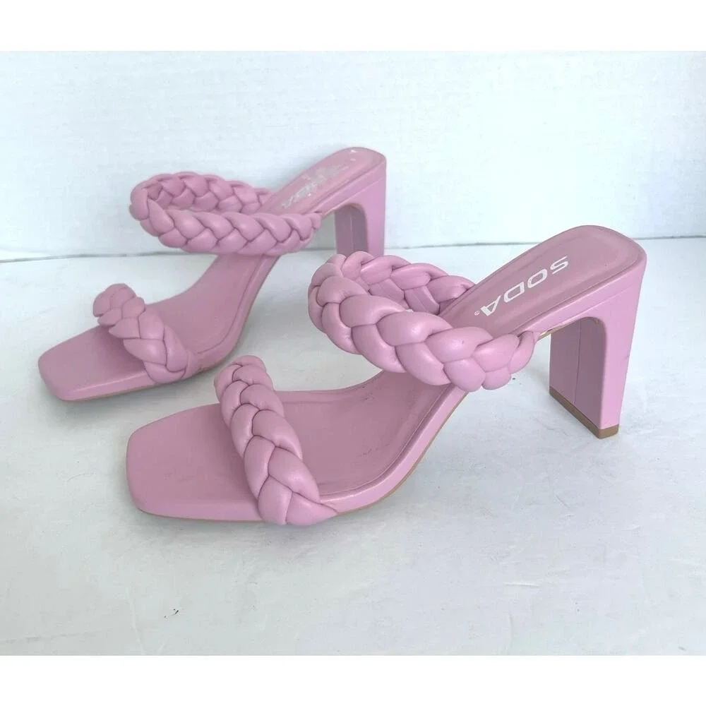 NWOT SODA Braided Strap Square Toe Sandal PinkVegan Leather‎ Dressy High Heels 7